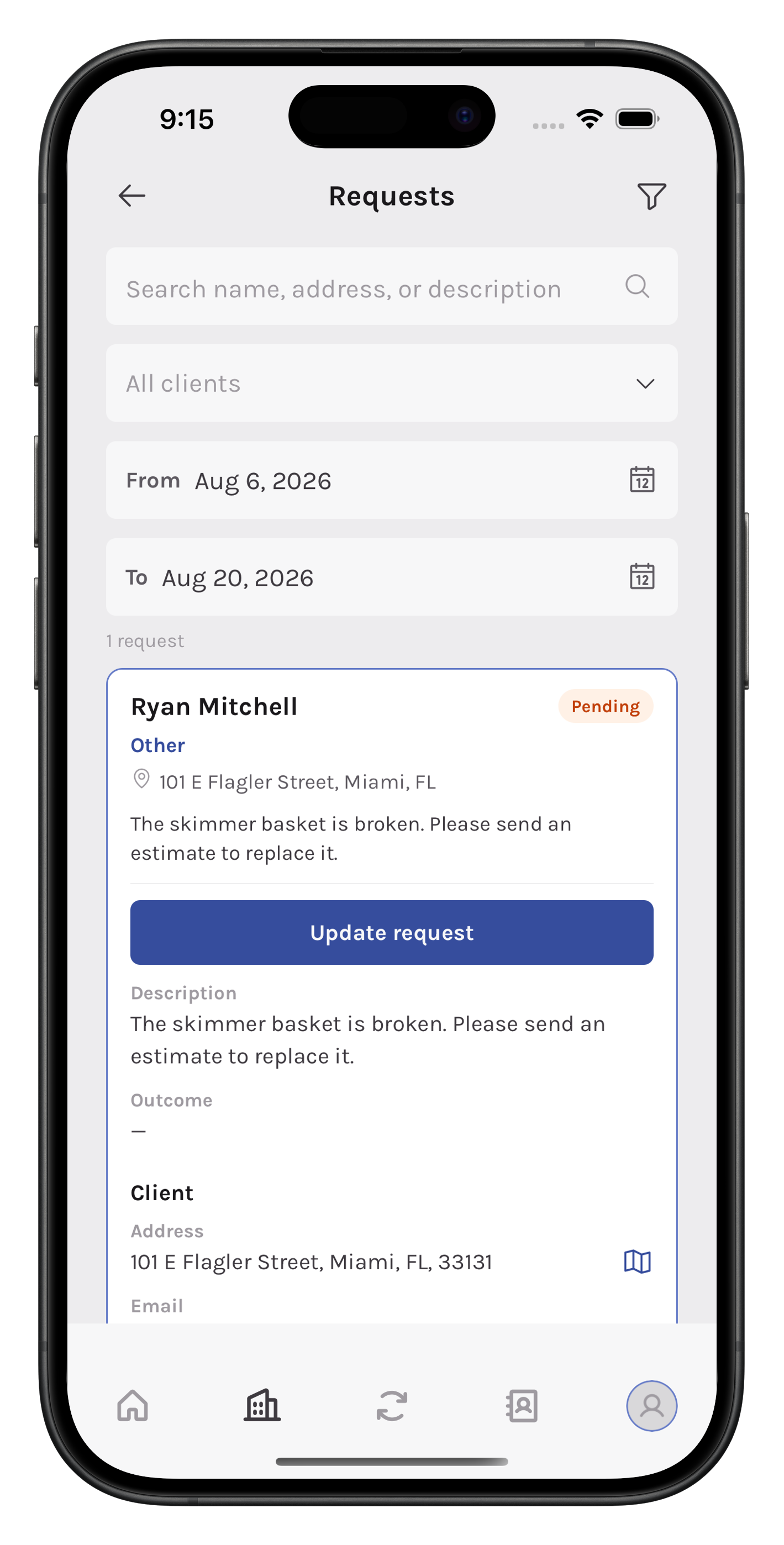 Office hub requests screen