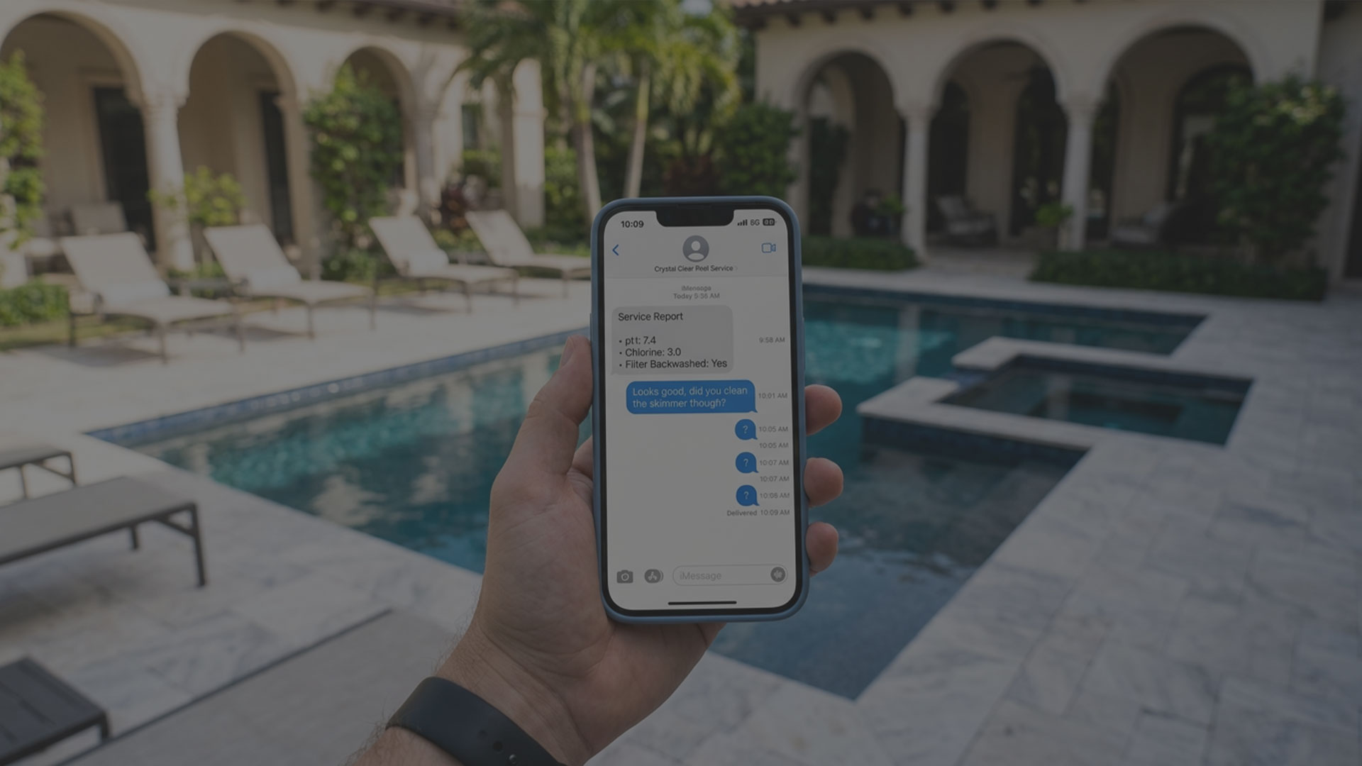 Customer texting a pool service company after receiving a service report