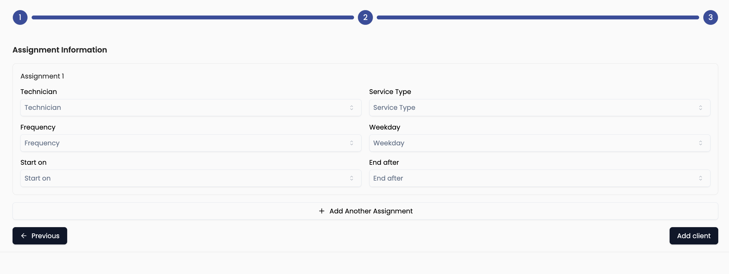 Assignments — technician, service type, frequency