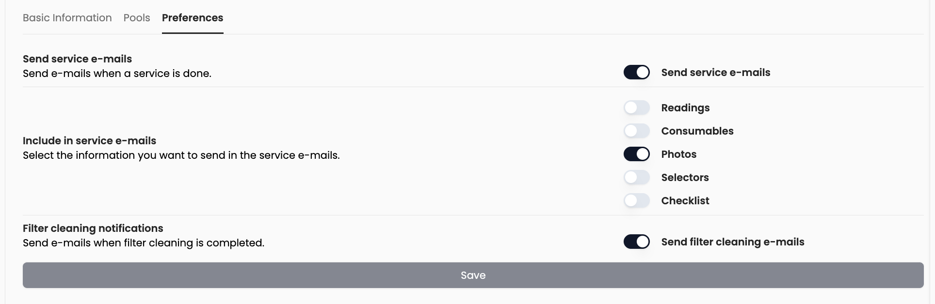 Client Preferences — Send service e-mails and Include in service e-mails