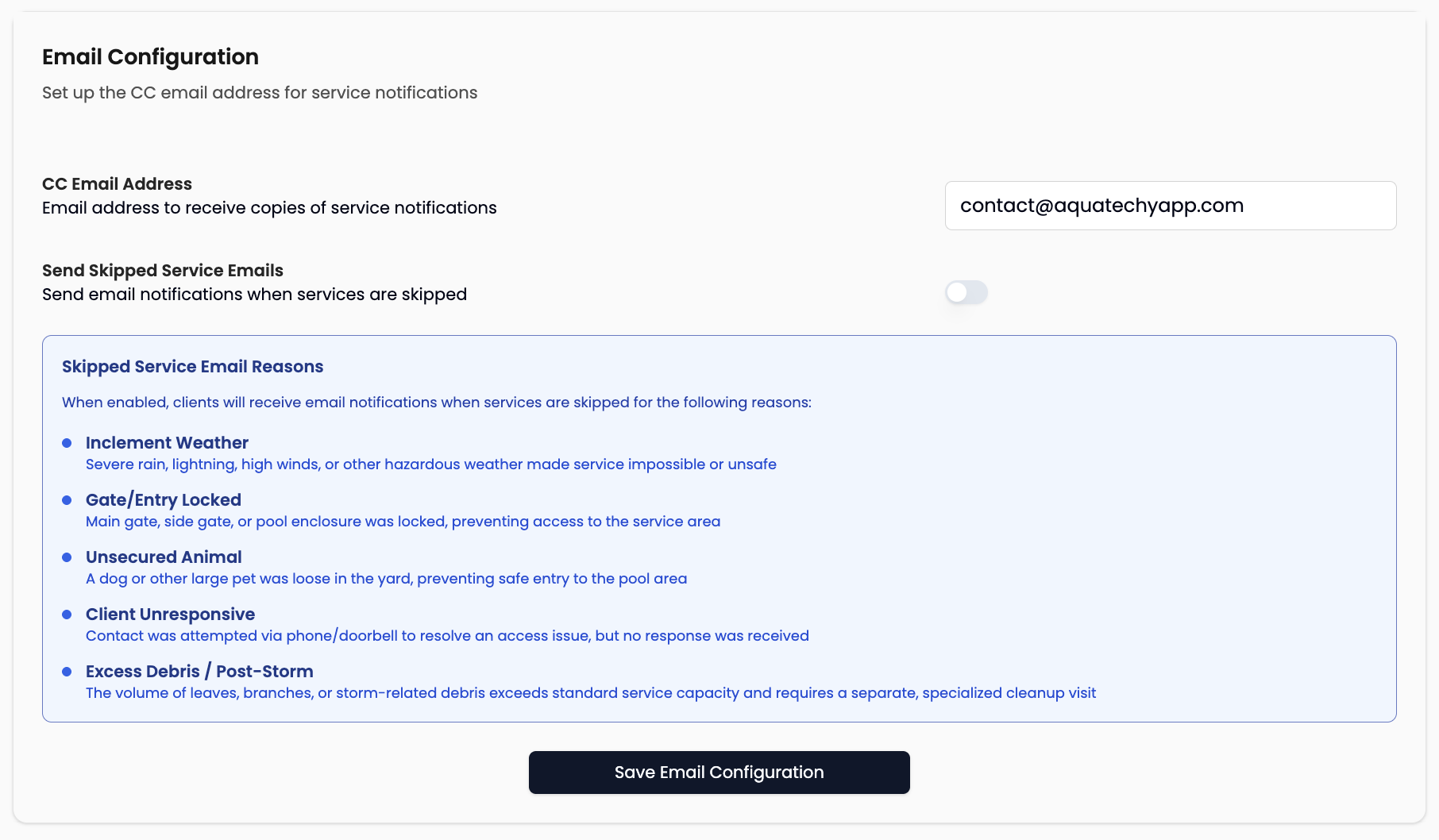 Email Configuration — CC Email Address and Send Skipped Service Emails