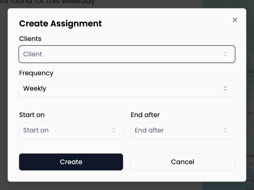 Assignments — weekday tabs, technician, New Assignment