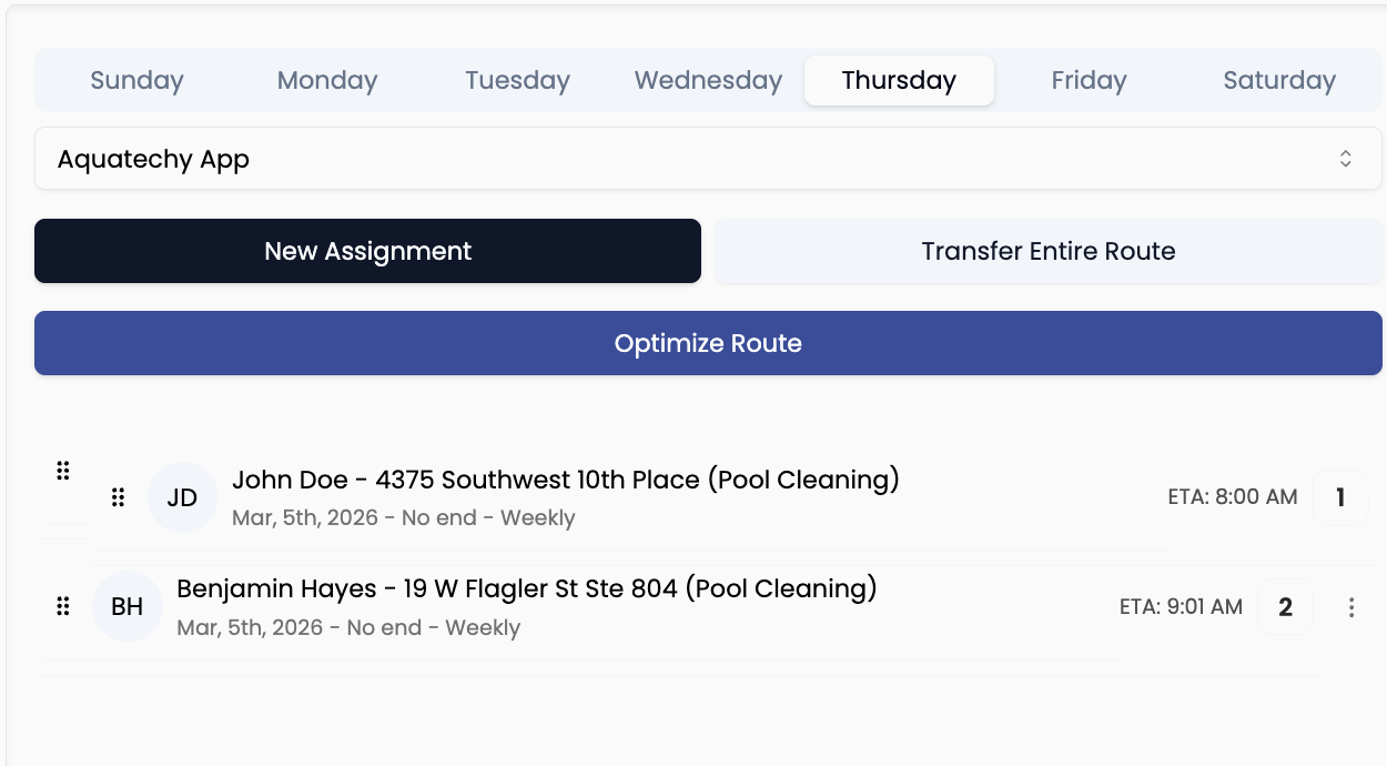 Assignments — reorder stops and optimize route