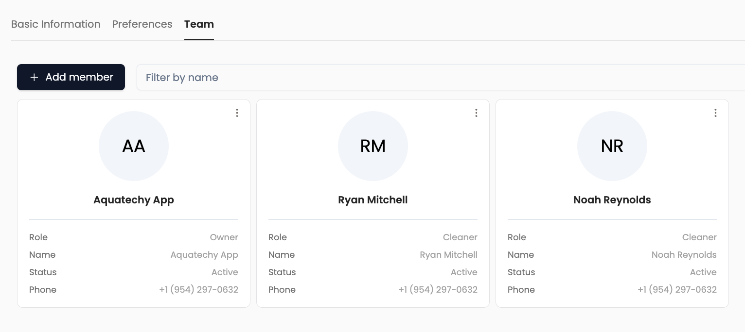 Team tab — Add member