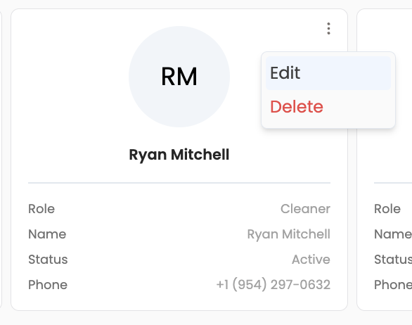 Team tab — Edit or delete a member